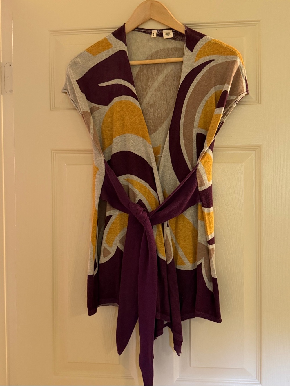 Moth Women's Purple and Mustard Patterned Belted Sweater